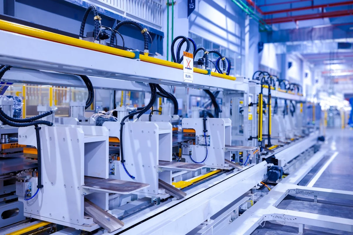 Verkettete Produktionslinie in einer Werkshalle